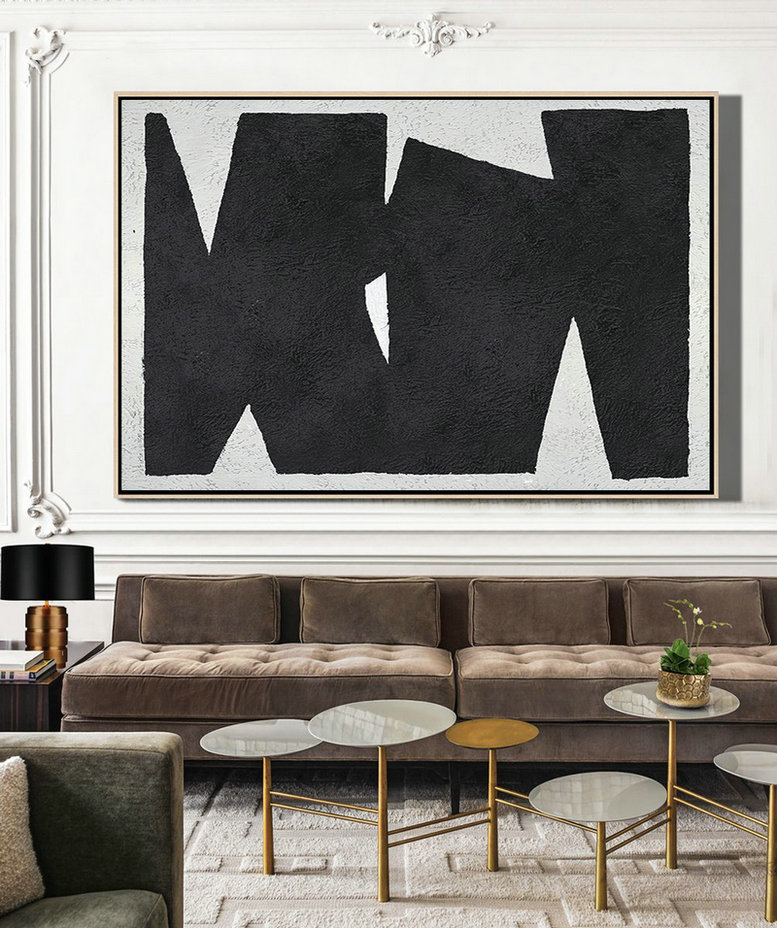 Acrylic Painting On Canvas,Oversized Horizontal Minimalist Geometric Art On Canvas, Black And White Minimalist Painting - Large Contemporary Painting